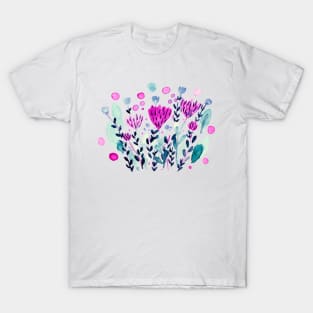 Watercolor whimsical flowers - pink and green T-Shirt